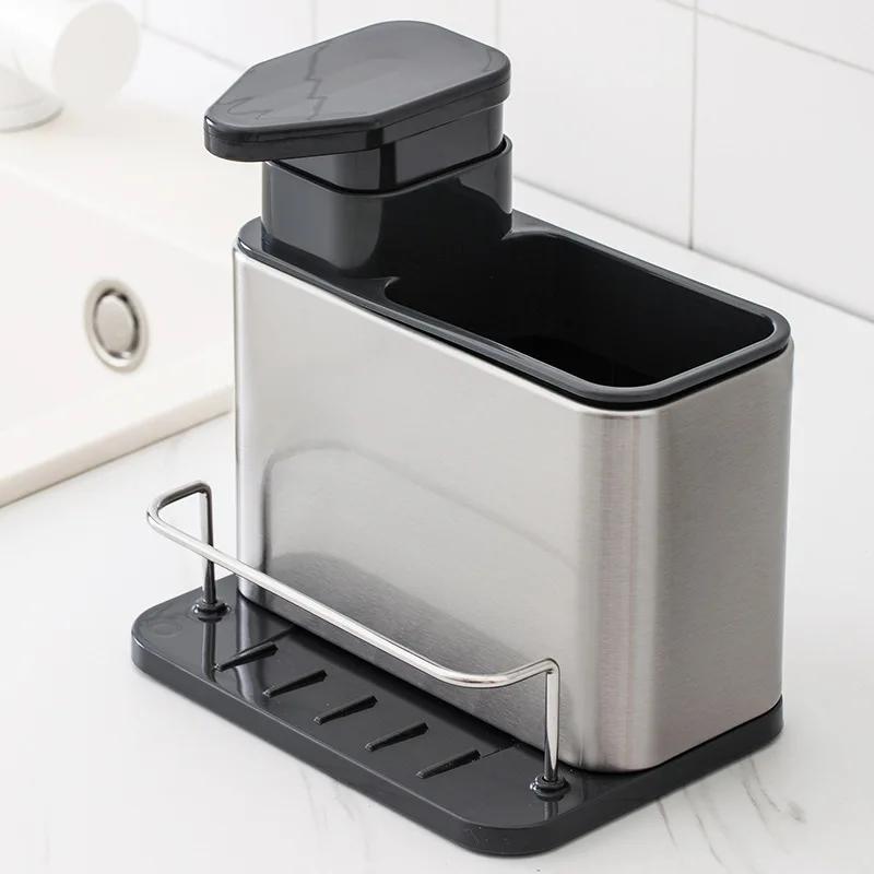 Kitchen Soap Dispenser Rustproof Drainer Rack Sponge Holder Stainless Steel Soap Dispenser 3-in-1 Sink Organizer Tray