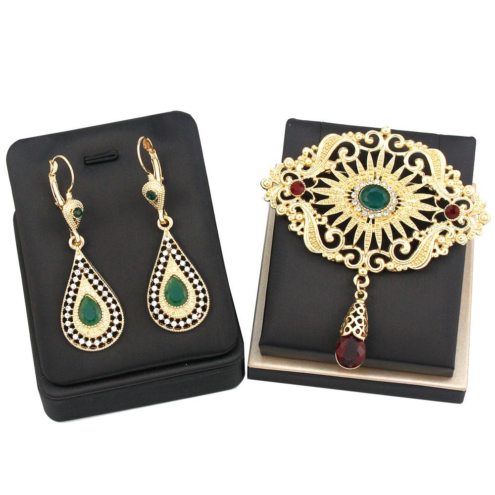 

Золотой цвет, женские серьги, брошь, набор, хрустальная брошь, булавки, длинные серьги с крючками, комплект ювелирных изделий для невесты зелёный