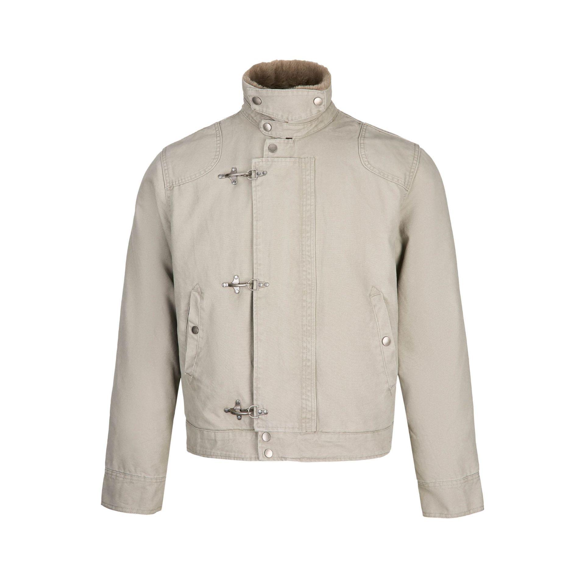 

Унісекс Зимова куртка з коміром-стійкою та ретро-пряжкою у вигляді літака - Коротка бавовняна потерта куртка S [70-95 lbs] сірий колір