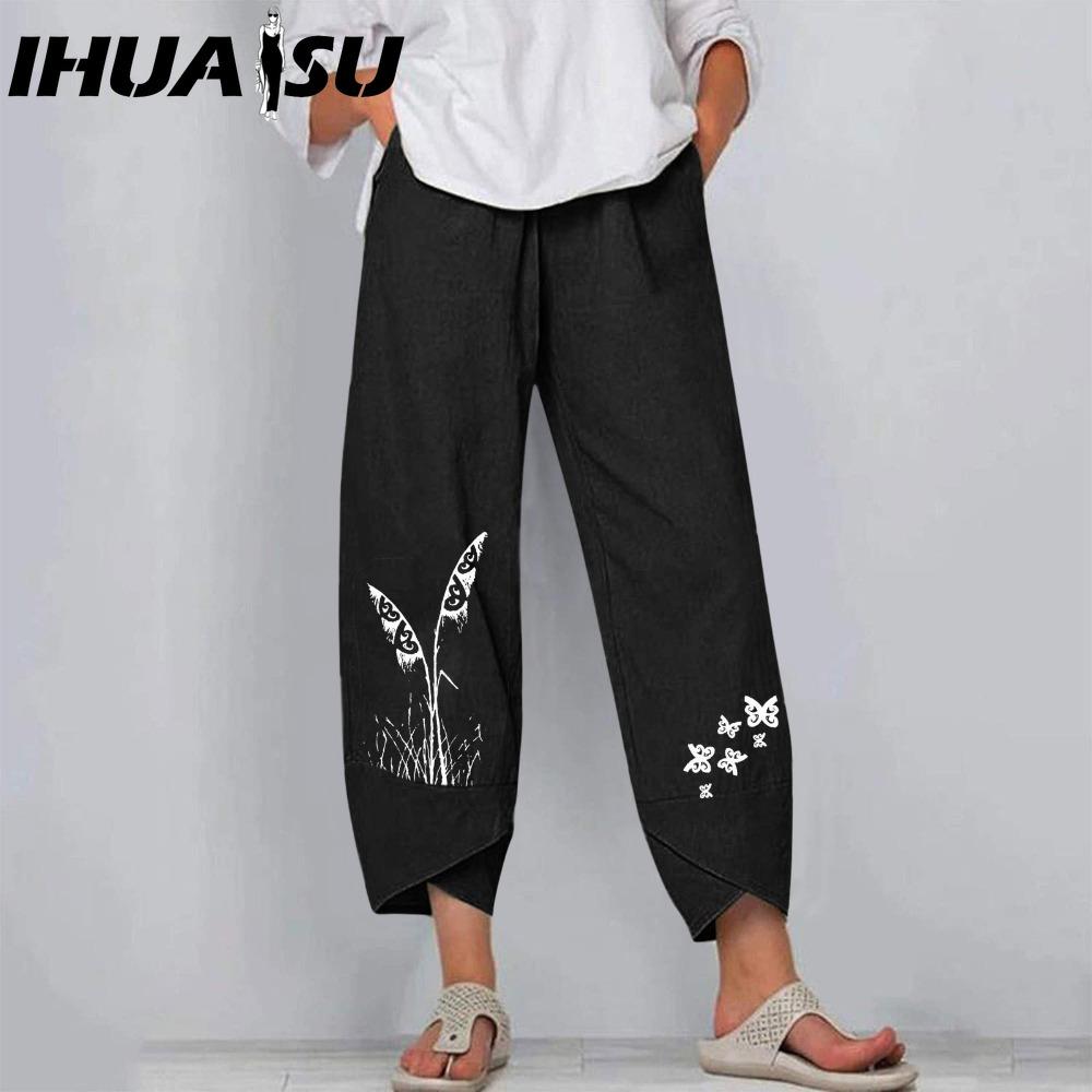 

IHUASU 4 цвета Женская мода Повседневные Хлопково-льняные Большого размера Длинные Брюки Однотонные Широкие Штаны-шаровары Свободные Однотонные Брюки XXXXXL серый