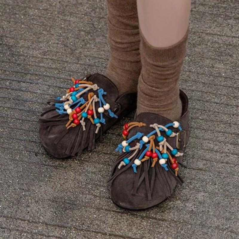 Bead Fringe Flats Suede Slippers Winter Women Shoes Trend Slingback Casual Mules Fashion Flip Flops Home Zapatillas Mujer