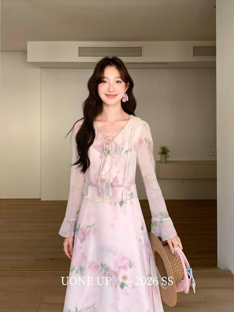 UONE2026 Early Spring Floral Holiday Ruffle Dress - Southern France Inspired, Gentle Style for Women