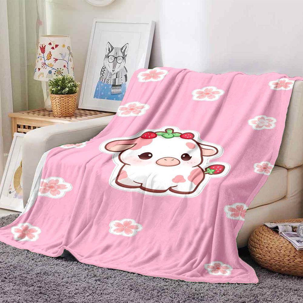 1pc cow strawberry blanket Lightweight Flannel Throw for Sofa Bed Travel Camping Livingroom Office Couch Chair
