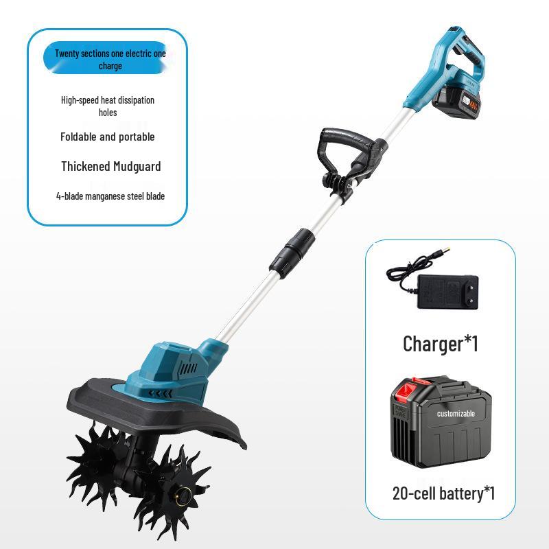 New Lithium Battery Micro Tiller: Four-Blade Soil Loosener for Home Gardening