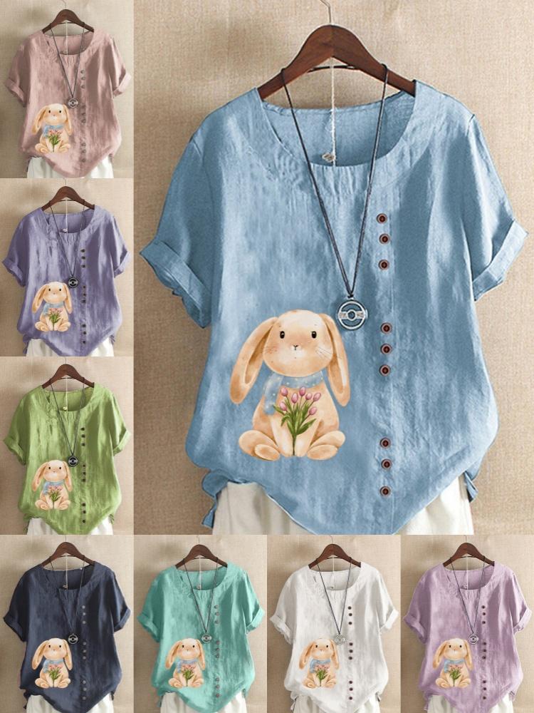 Women's Fashion Rabbit Print Casual Cotton Linen Short Sleeve Round Neck T-shirt Shirt Leisure Loose Summer Blouse Tops