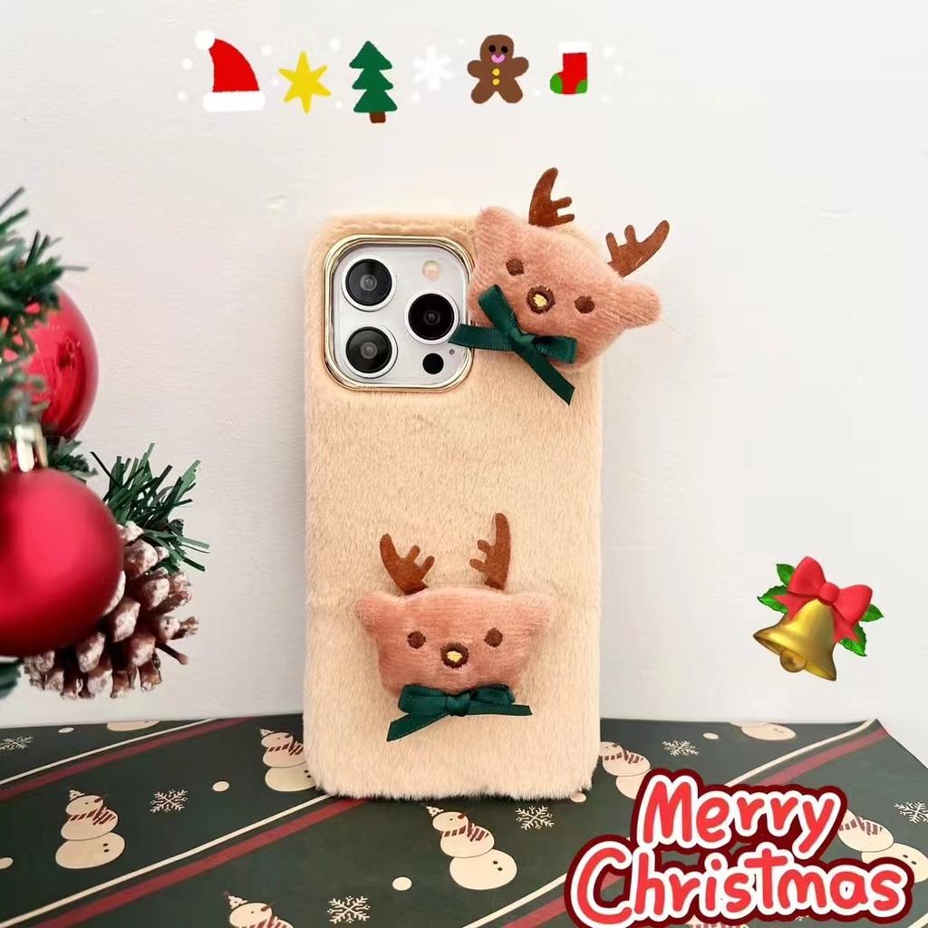 Weihnachtsmann süße Elch Plüsch Handytasche für iPhone 15 14 13 12 11 Pro Max X XR XS Max 7 8 Plus Se 2020 2022 Weihnachten pelzige Silikonhüllen für Samsung/Redmi