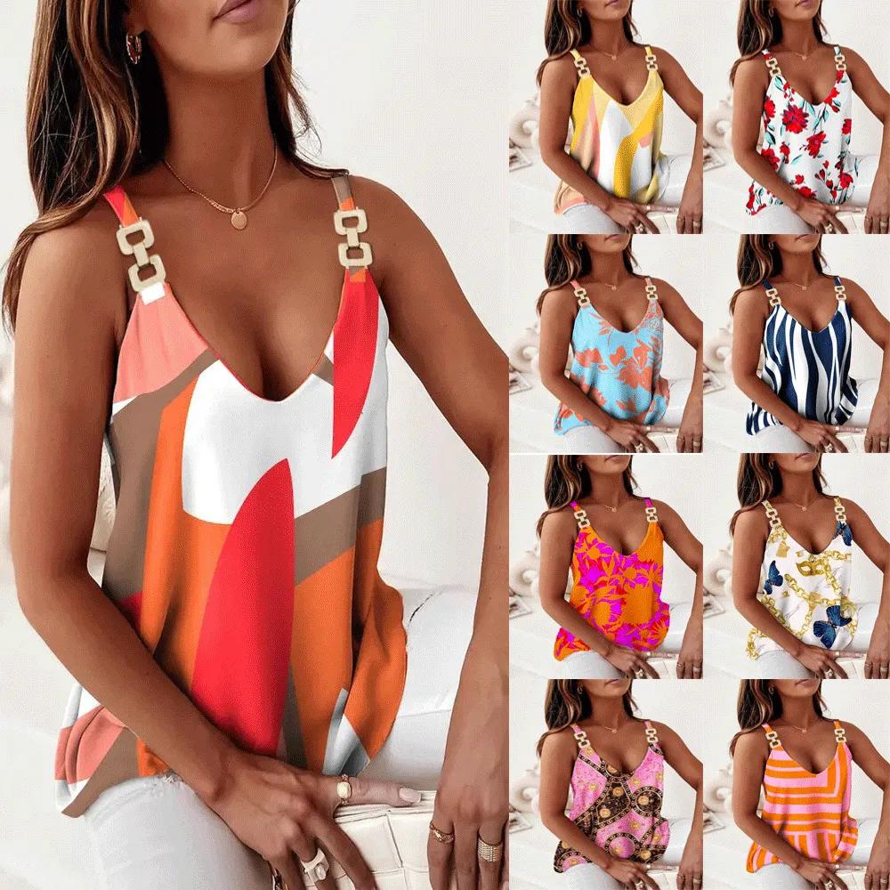 

Deep V Geometric Printed Tank Top Women s Chain Strap Sleeveless T-shirt Summer Trendy Vest Top S білий