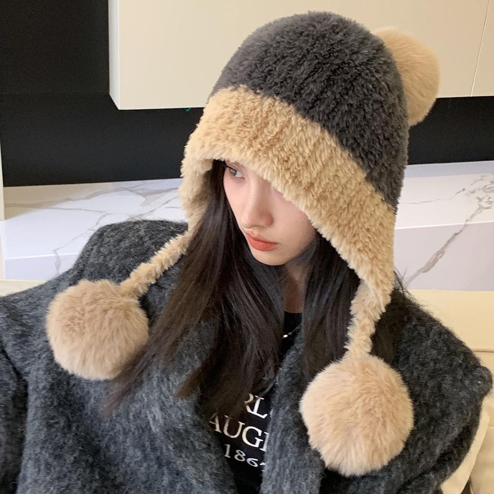 

Winter Women s Knitted Ear-Flap Hat Large Head Plush Pom-Pom Cute Fleece Lined Thickened Color-Blocked Windproof 6 сірий колір