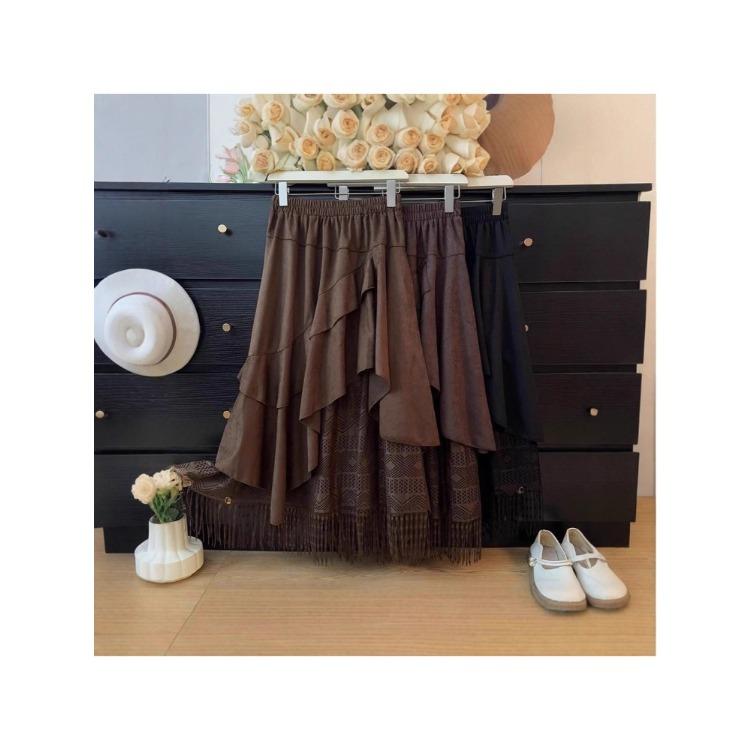 Women's Retro Suede and Lace Patchwork Skirt Asymmetrical Ruffled Midi Skirt