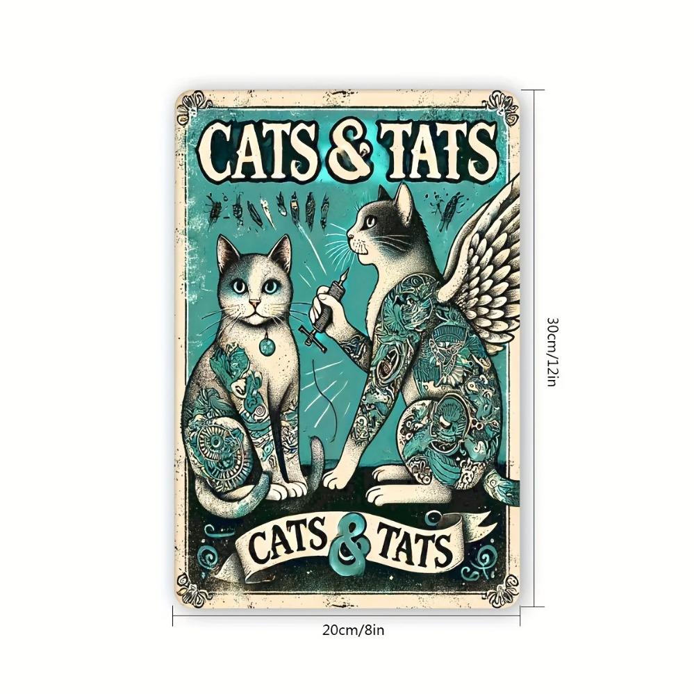 Vintage "Cats & Tattoos" Metal Sign – Whimsical Waterproof Wall Art with Feline & Tattoo Designs | Perfect Room Decor for Edgy