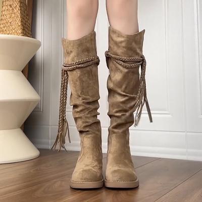 Maillard Retro Fringed But Knee Knight Boots Women's New Heightening Display Stacked Medium Boots