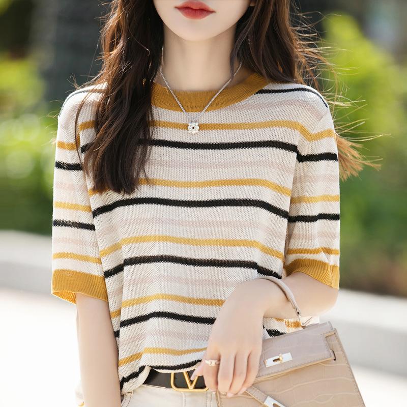 

Хлопковая футболка с круглым вырезом, свободная, простая и универсальная, с темпераментом, с короткими рукавами, новый стиль, литературная, в полоску, вязаный топ для женщин XXL жёлтый