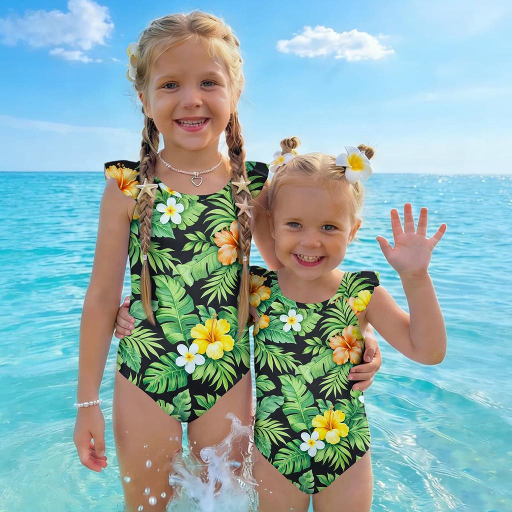 Costume da bagno intero per bambina Estate Stampa Hawaiana Costumi da bagno Bambini Moda Casual Manica a volant Abbigliamento da spiaggia Costume da bagno per bambini