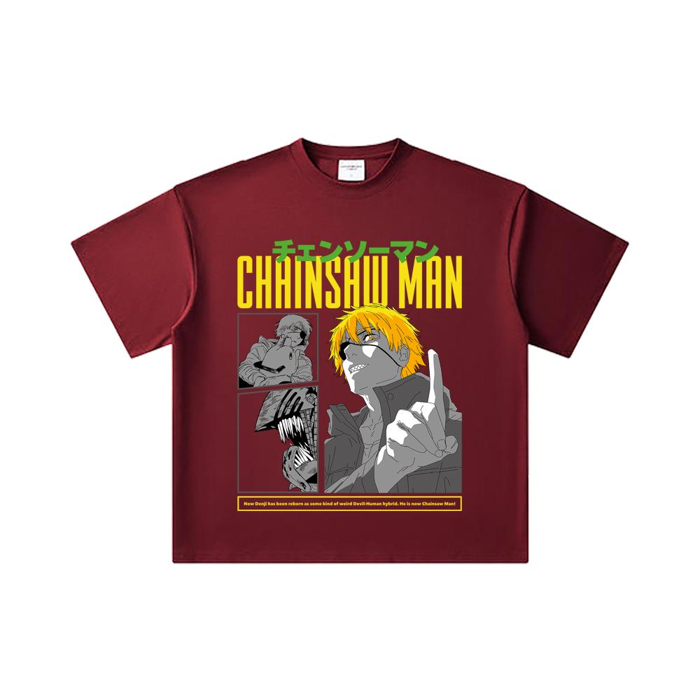 

260 GSM Double Yarn 32 Count 100% Cotton Chainsaw Man V45 Denji Print Unisex Heavy Cotton T Shirt 2XL вина червоного кольору