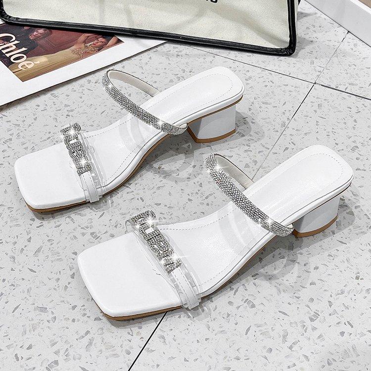 Women's Rhinestone Decor Chunky Heel Sandals, Fashion Square Toe Summer Shoes, Comfortable Slip On Sandals