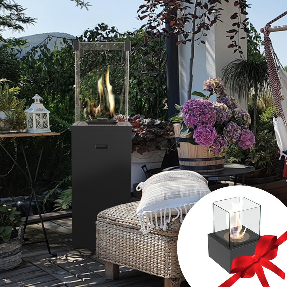Chauffage à gaz Patio Slim noir + cheminée au bioéthanol noir