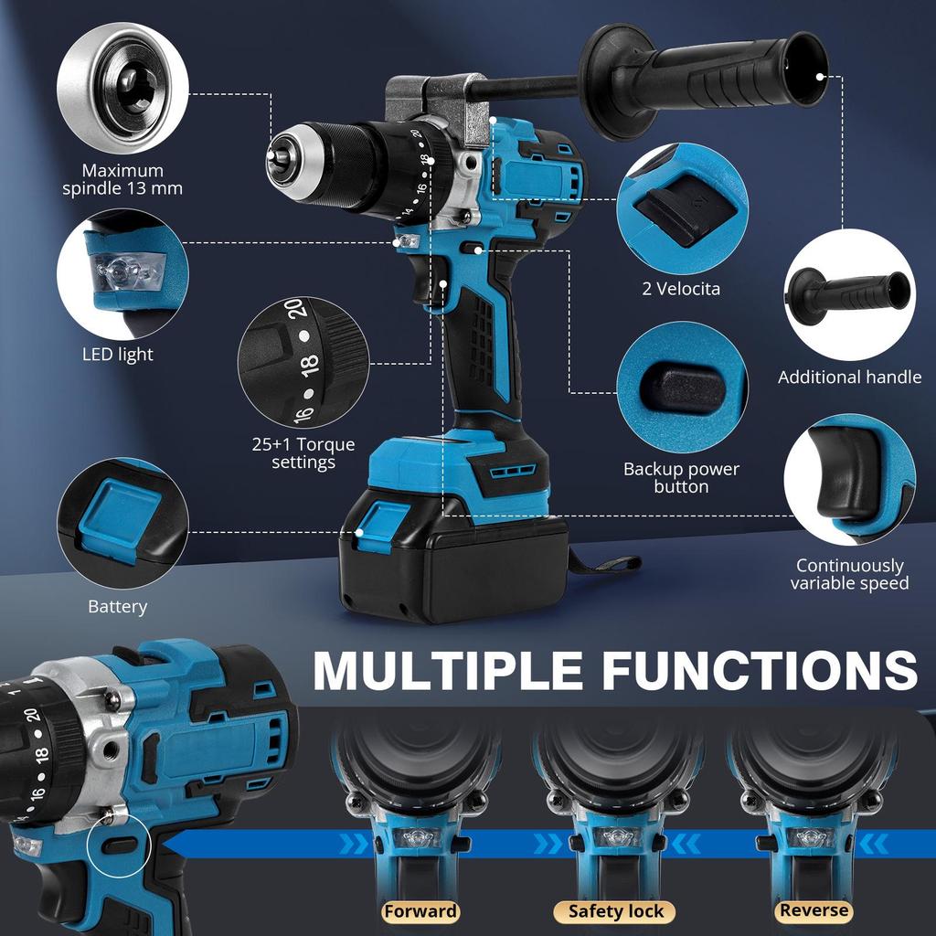 Dual-Speed Brushless High-Power Impact Drill with Lithium Battery - Portable High Torque Industrial Grade Electric Drill