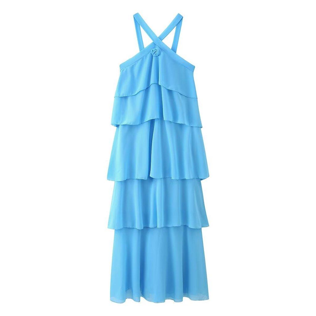 Polyester Floral Embellished Layered Chiffon Dress With Sleeveless Halter Neck For Spring