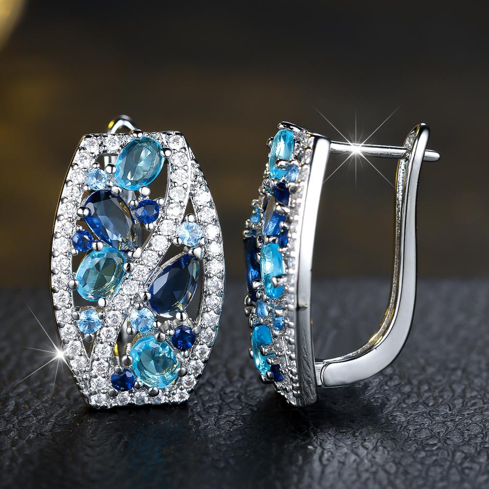 Colorful White Blue Zircon Clip Earrings for Women Silver Color Wedding Party Jewelry Gifts