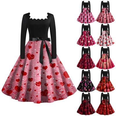Women's Vintage Classic Dress Long Sleeve Valentine's Day Print  Square Neck Swing Dress