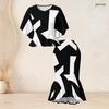 Women Plus Size Black Printed Round Neck Batwing Sleeve Ruffle Hem Top Fishtail Skirt Two Piece Set
