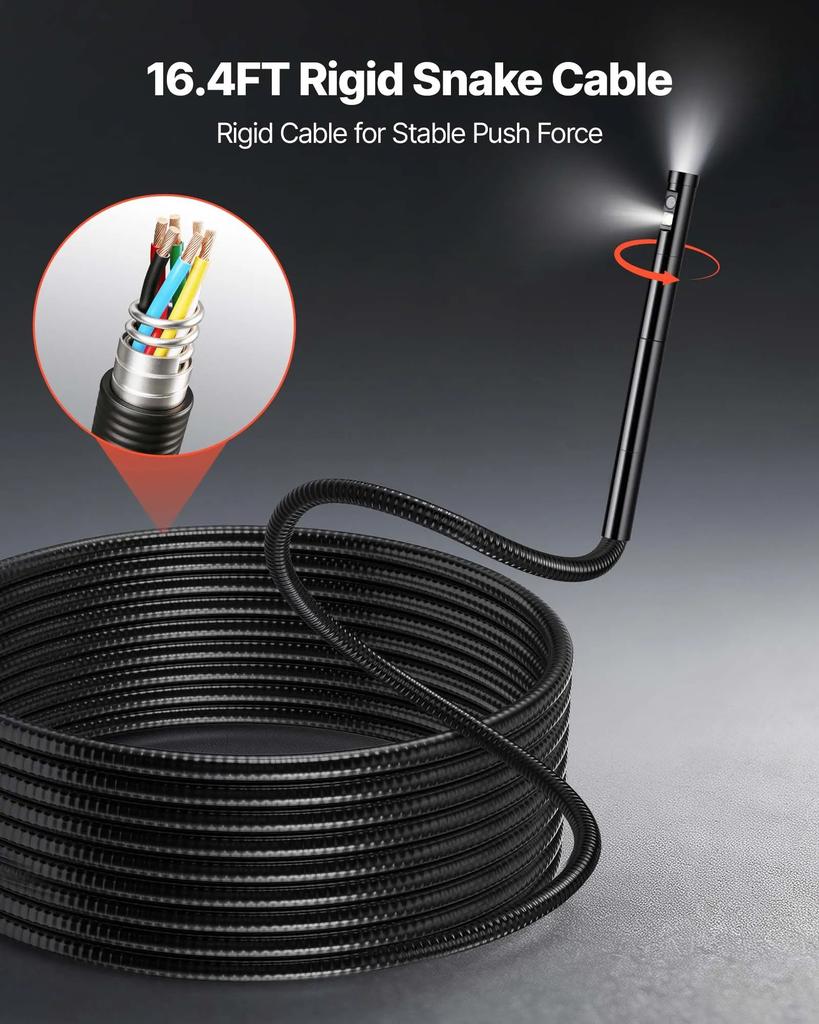 VEVOR 360 Degrees Motorized Rotation Endoscope, Dual Lens Industrial Borescope Camera with Light, 5" HD IPS Split-Screen, 8mm Slim Lens