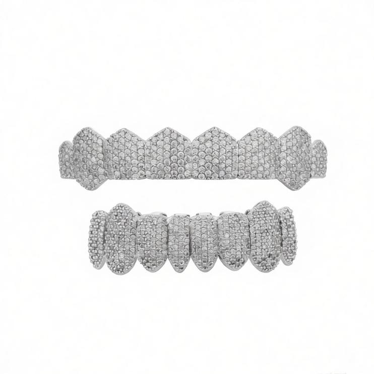 New Stock Hip Hop Iced Out Zircon Grillz Full Diamond 14K Gold Plated 8 Tooth Sharp Cool Braces Iced Out Teeth Grillz