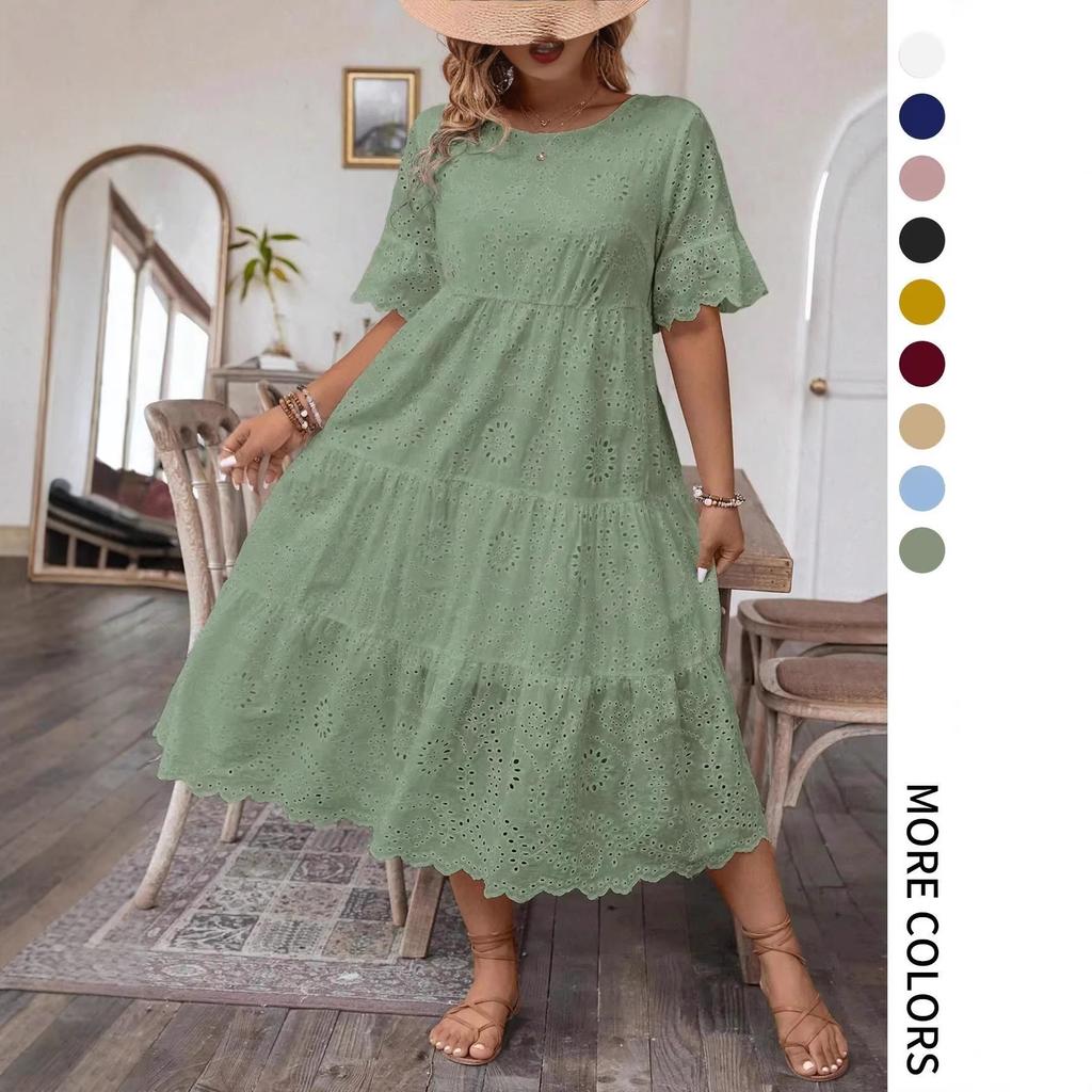 Summer solid color cotton embroidery crew neck lace hollow design dress summer Europe and America