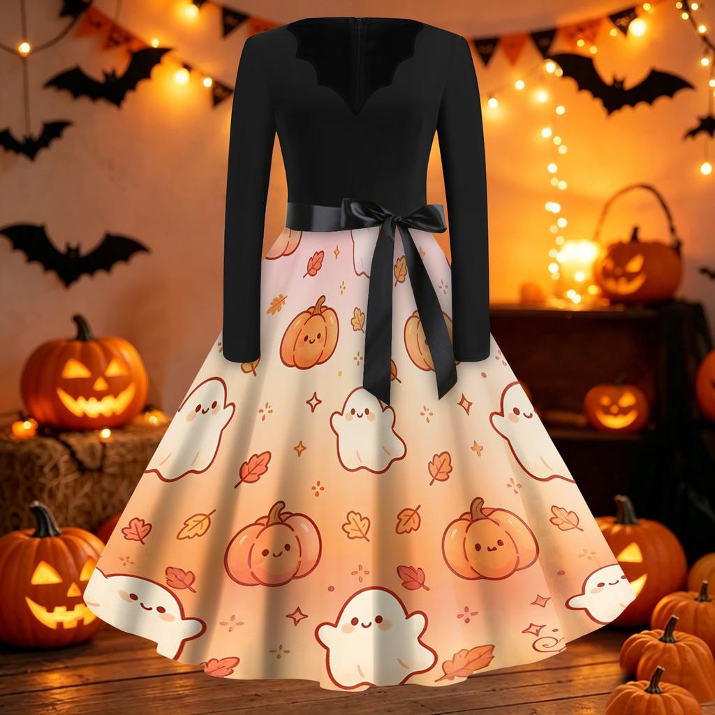 Womens Casual Halloween Print V Neck Vintage Dress Long Sleeve Fit Flare Midi Dress with Waist Tie Retro Style