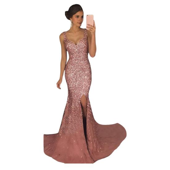 Women Evening Dress Deep V Neck Split Hem Sequin Skinny Fishtail Hem Back Zipper Closure Sleeveless Prom Cocktail Party Dress Floor Length Ball Gown