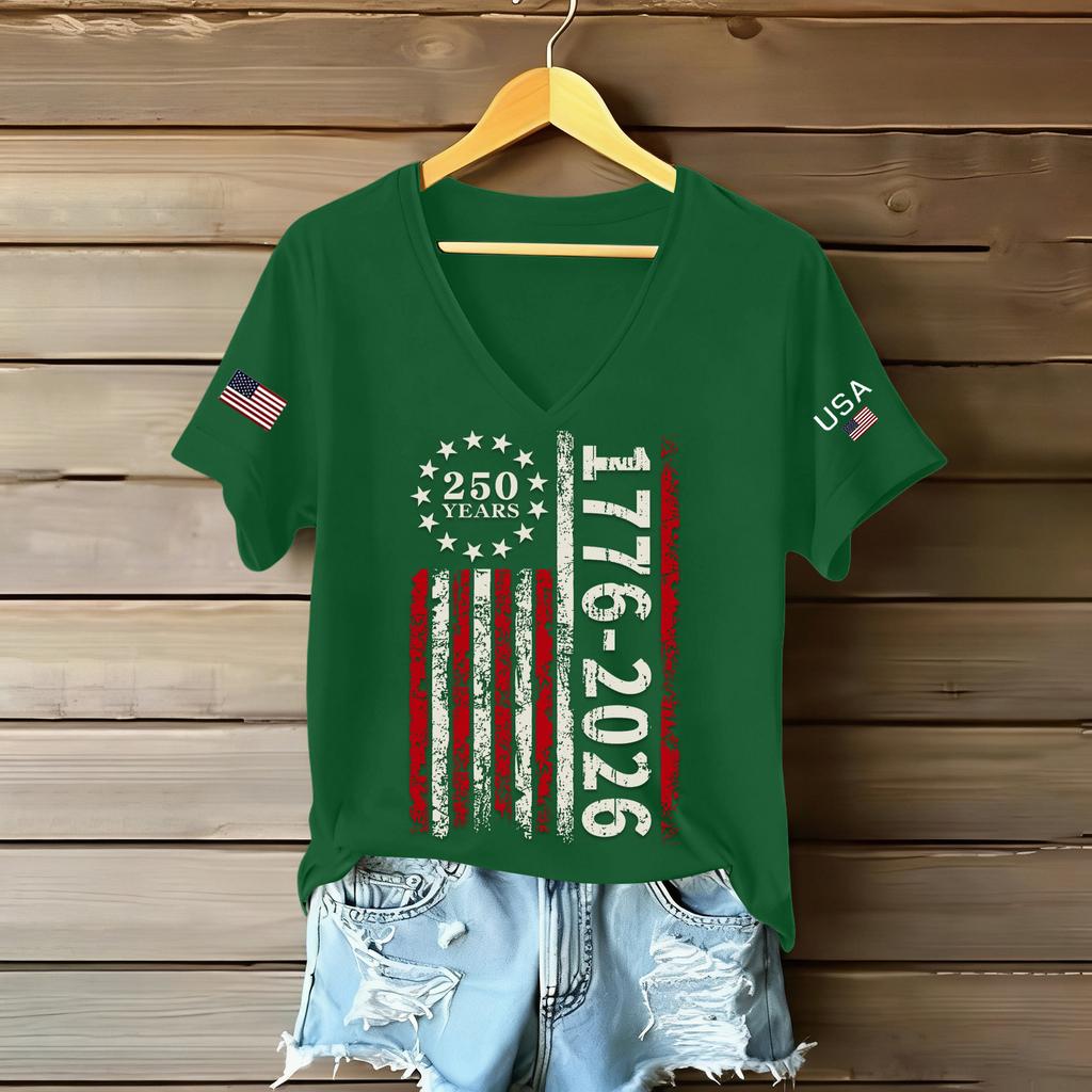 Women's Fashionable V-Neck Casual Retro Print Short Sleeved T-shirt Top
