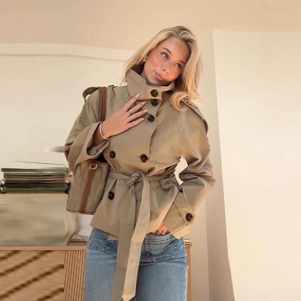 Damen Frühlings-/Herbst-Retro-Mantel mit Revers und doppelreihiger Knopfleiste mit Kordelzug – Vielseitiger Langarm-Kurz-Trenchcoat