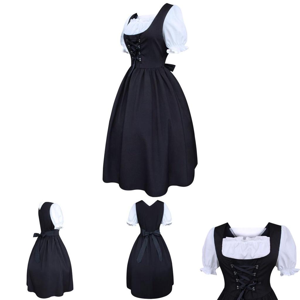 Elegant Medieval Women's Drawstring High Waist Bowknot Lace Up Long Dress For Halloween Parties