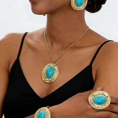 Pendentif ovale à motif de marteau plié incrusté de turquoise d'imitation ensemble de bijoux de mode polyvalent de niche