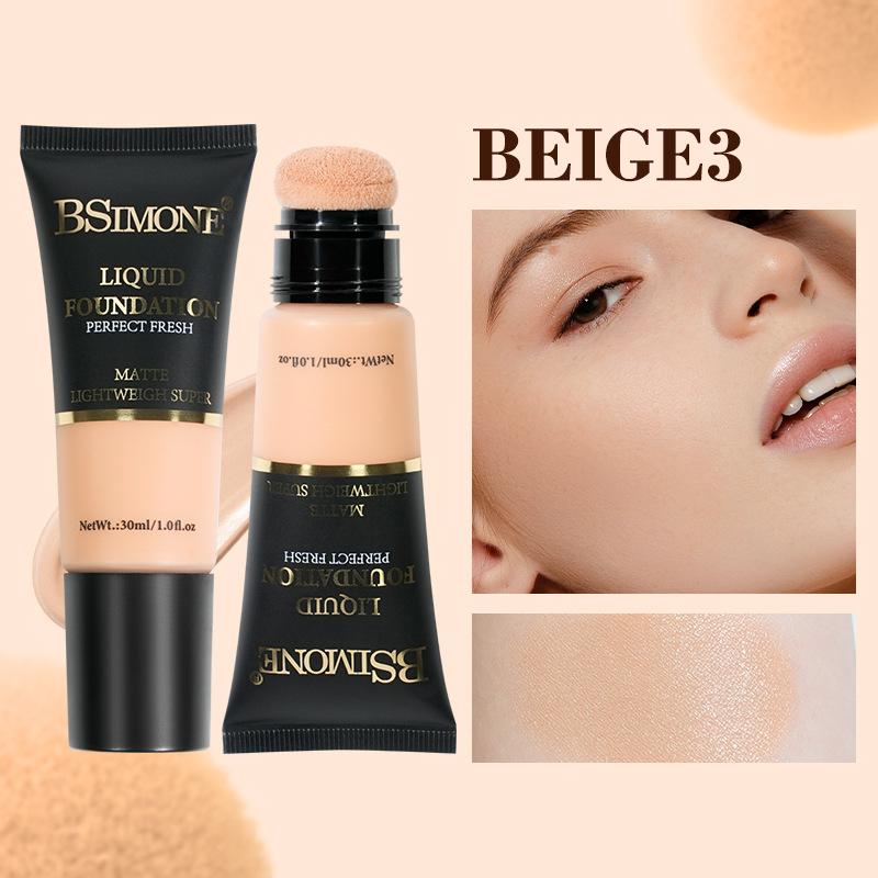 Bsimone Coverage Foundation Long-Lasting Oil Control Waterproof Liquid Foundation Matte Finish Concealer With Sponge Brush Head