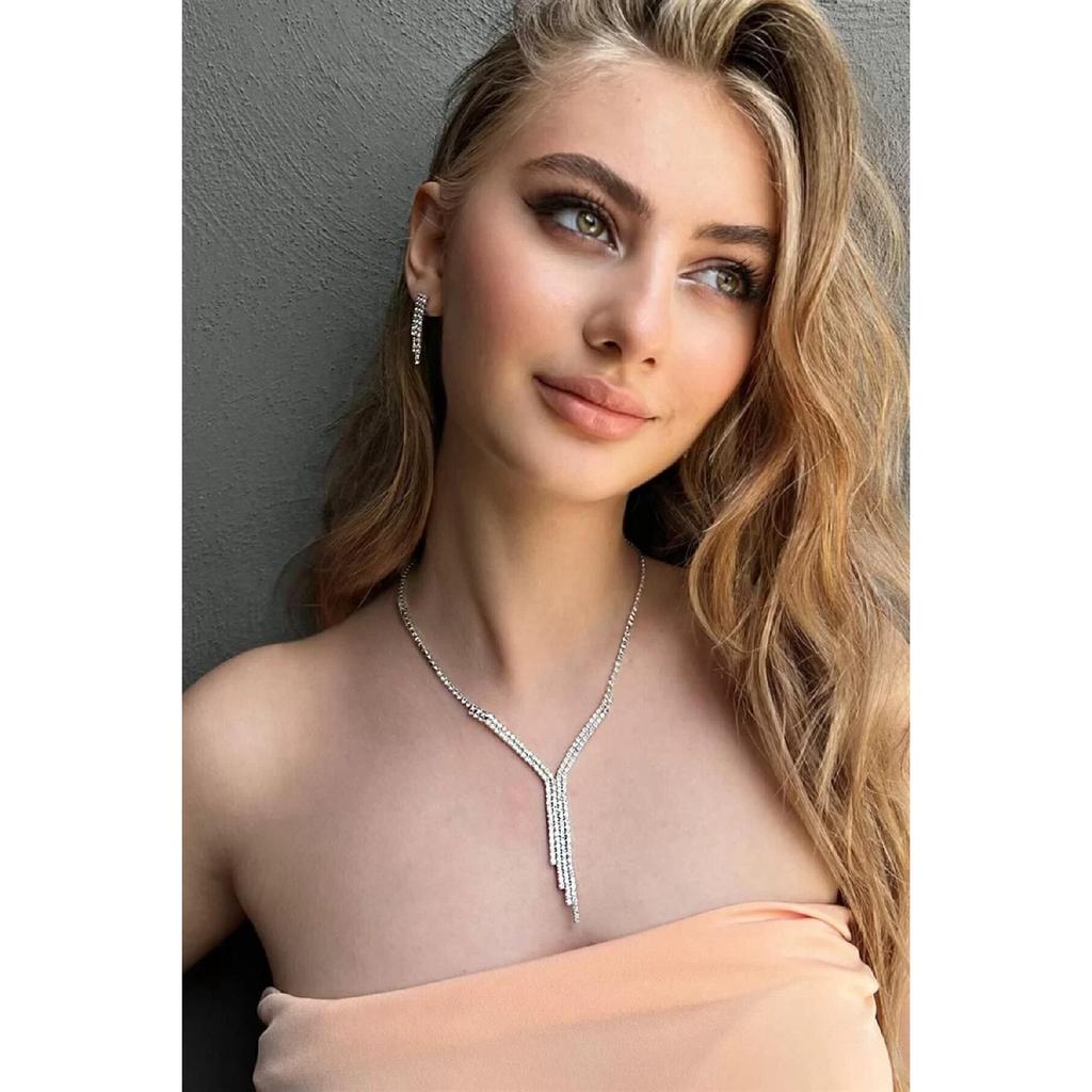 Evening Dress Necklace Earring Set, Wedding Engagement Henna Bridal Set White, Silver