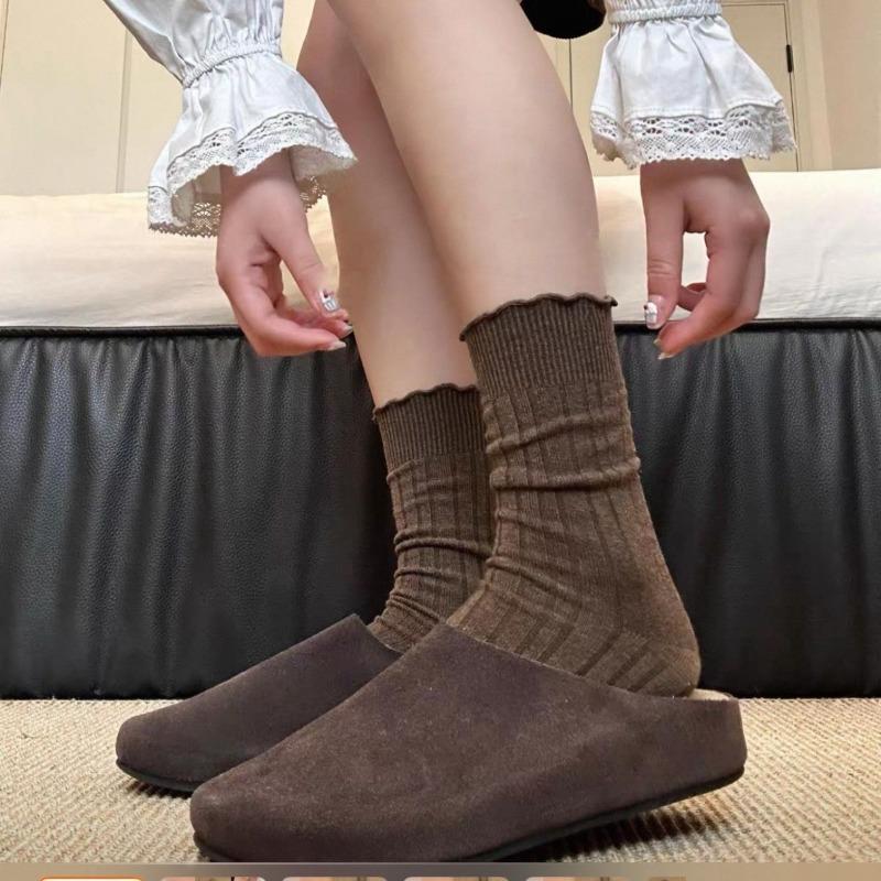 Black Ear-rimmed Women's Mid-calf Socks for Spring and Autumn, Coffee-colored Retro Pile Socks for Autumn and Winter, Pure Cotton Versatile and Trendy
