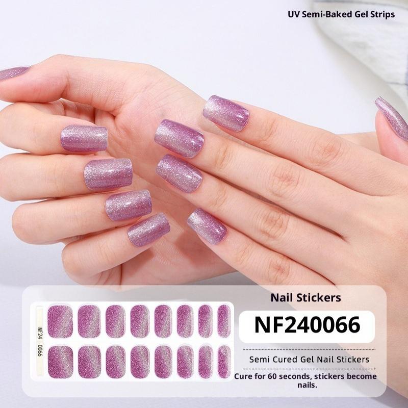 New Semi-cured Gel Nail Stickers, 16-finger Cat Eye Glitter UV Nail Stickers, Cured Under A UV Lamp.