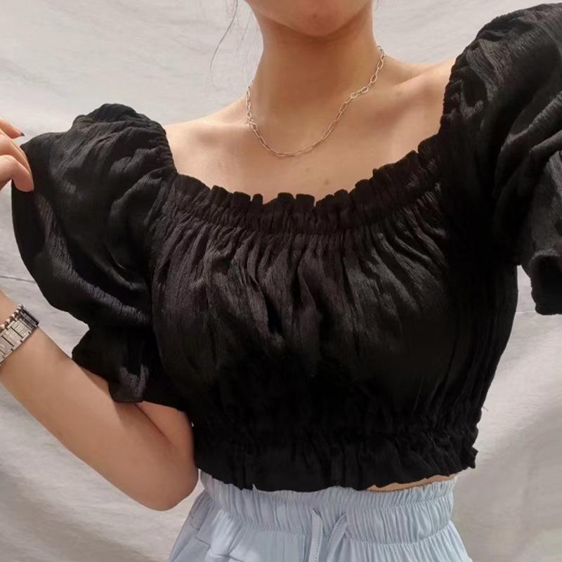Korean Ruffled Off-Shoulder Puff Sleeve Lace Cropped Top