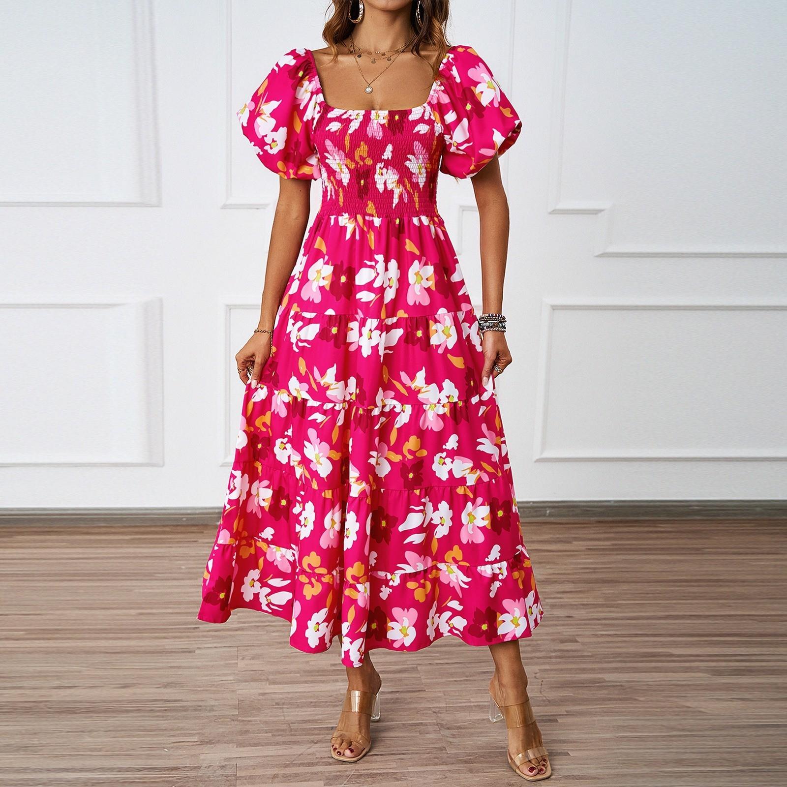 Women s Fashionable Square Neck Floral Print Bubble Short Sleeved Dress With Temperament XL