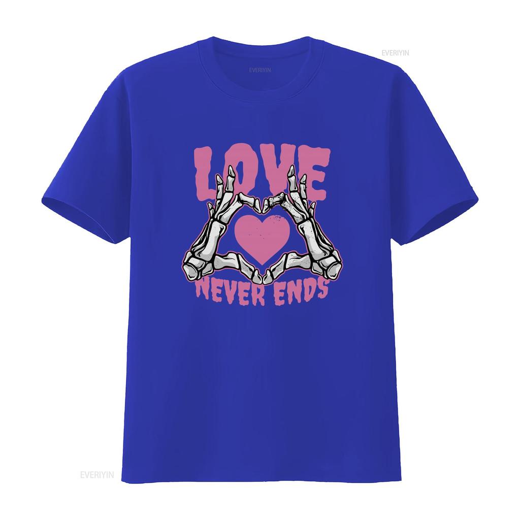 Love Never Ends Gothic Valentines Day Mens Cotton T Shirt with Skeleton Hands Heart Print vintage Washed graphic Comfortable