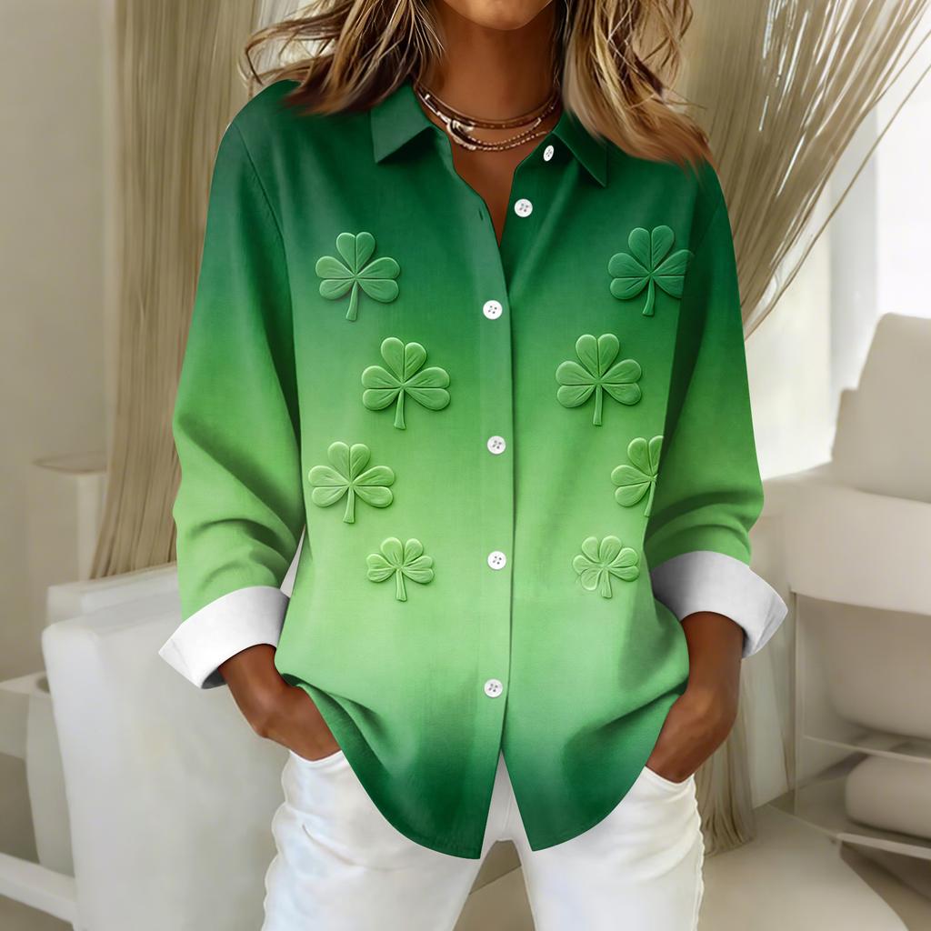 Dámská košilová halenka s vánočním potiskem s dlouhým rukávem pro volný čas Základní košile s límečkem Regular Top