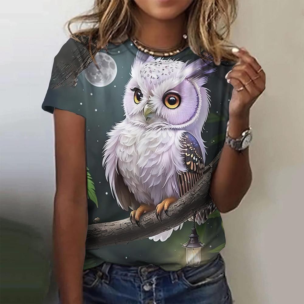 Summer Round Neck 3D Print Owl Pattern Top Fashionable Casual Short Sleeved Women's T-shirts