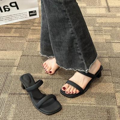 French Thick Heel Simple Word with Sandals Women's 2025 Autumn New High-end Wear Cool Slippers Open-toed High Heels