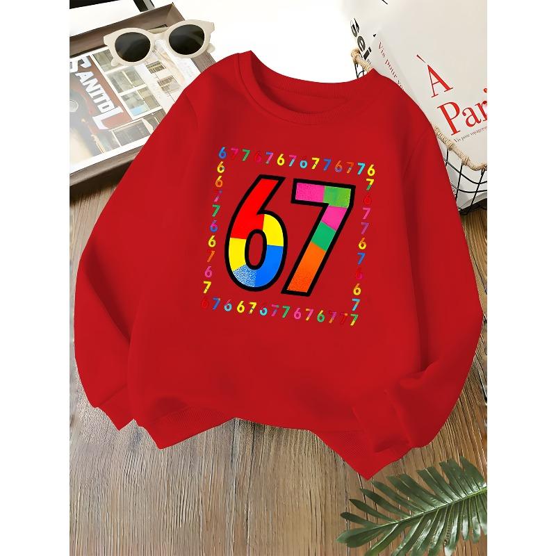 Kids Unisex Crewneck Sweatshirt, Color Block Number 67 Surrounded By Mini 67 Digits Print Soft Long Sleeve Pullover For Boys Girls Over 4 Years Old