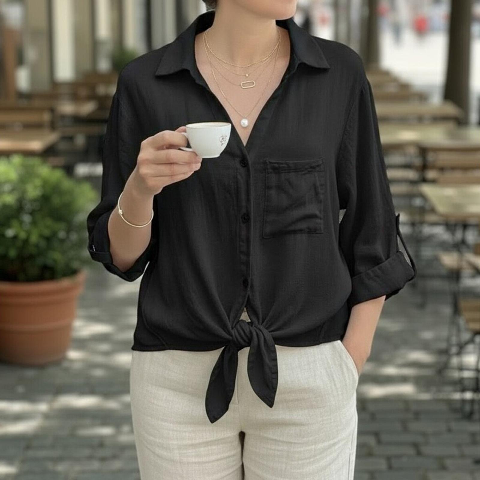 Женская цветная кружевная повседневная универсальная рубашка без спинки на пуговицах XL чёрный