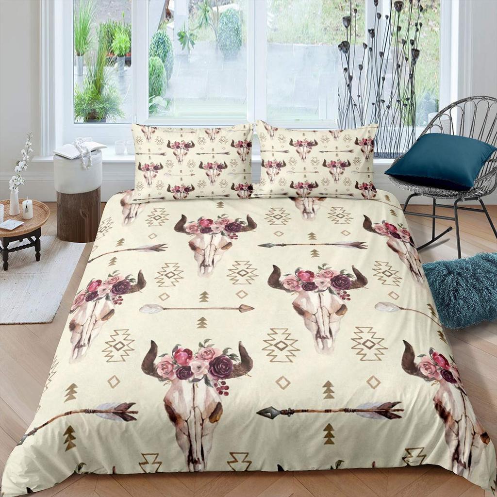 Bull Skull Duvet Cover Set Boho Chic Feather Bedding Set Bohemian Exotic Branches Flower For Teens Microfiber King Quilt Cover