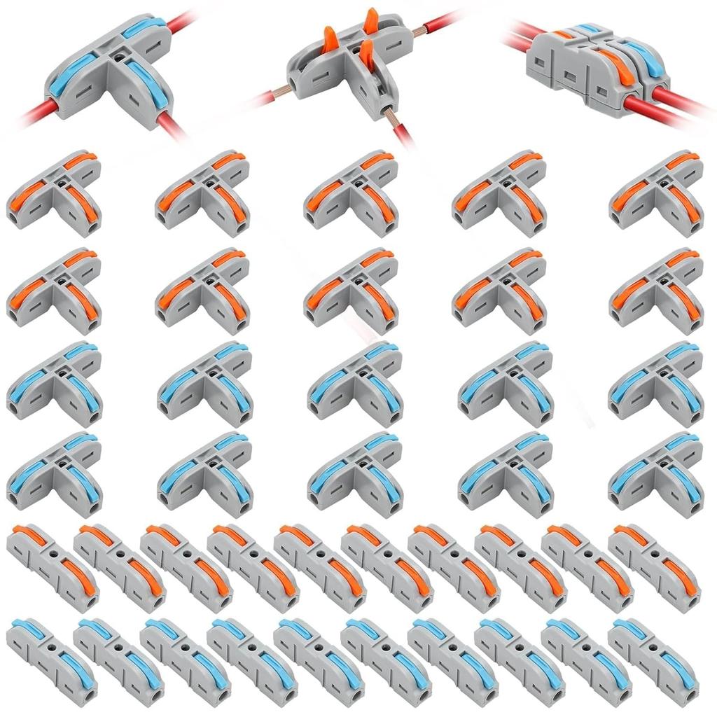 40PCS Lever Wire Connectors Kit 28-12 AWG, 3 Way T Shape Wire Connectors Electrical Splicing Kit and 1 in 1 Out DIY Mini Compact Wire Conductor Quick