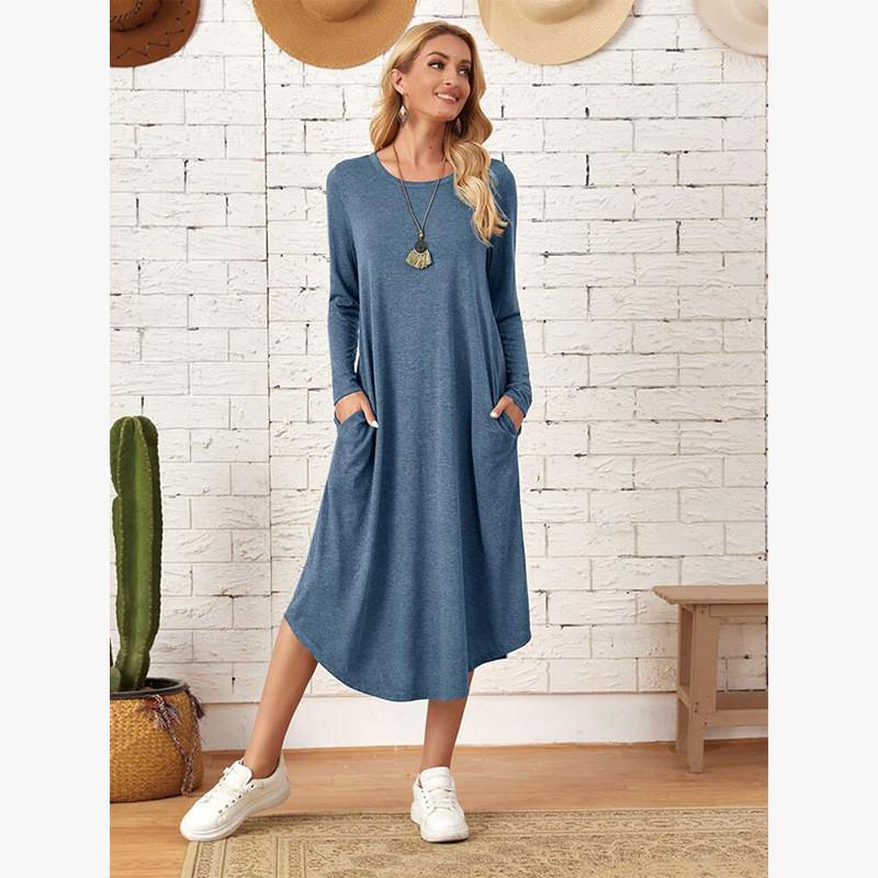 Cotton Long Sleeve A Line Dress With Round Neck For Casual Fall Wear