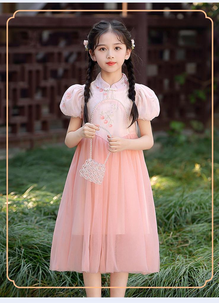 Summer Girls' New Chinese Style Dress, Medium Size Children's Mesh Qipao Skirt, Bubble Sleeves Princess Skirt, Girls' Fashion